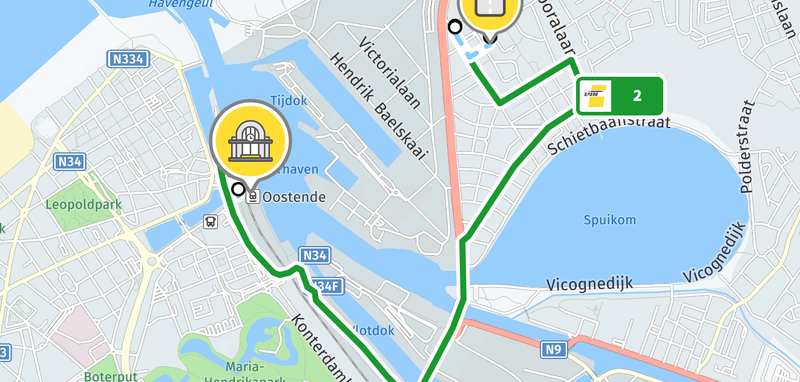 Kaart bus lijn 2 Oostende station → Stroombanklaan